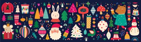 Christmas decorative huge collection with incredible Christmas elements. Christmas colorful decorative collection in vintage style with cute bunny, king mouse, Snowman and funny Santa Clausのイラスト素材