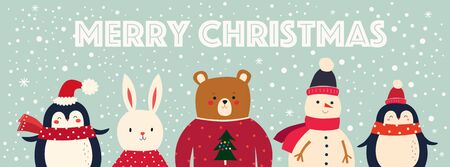 Vector Christmas banner with funny characters bear, snowman, penguin and bunnyのイラスト素材