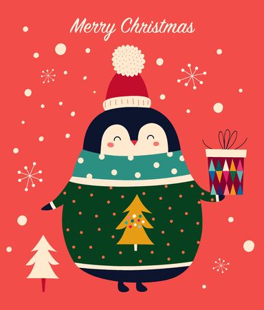 Vector Christmas cartoon illustration with cute penguinのイラスト素材