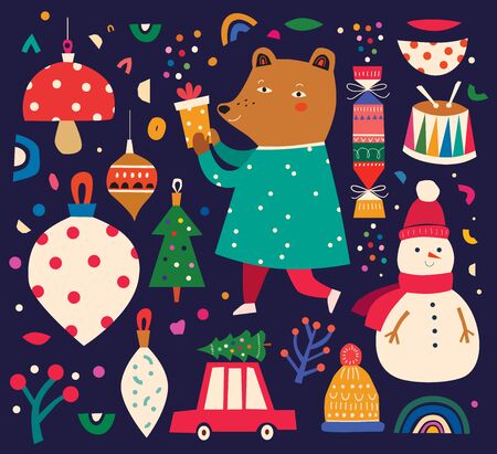 Christmas decorative illustration in vintage style with funny bear, snowman and Christmas toysのイラスト素材