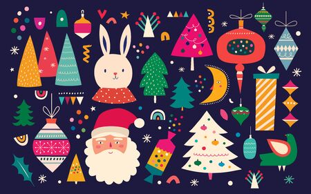 Christmas decorative huge collection with incredible Christmas elements. Christmas colorful decorative collection in vintage style with cute bunny, funny Santa Clausのイラスト素材