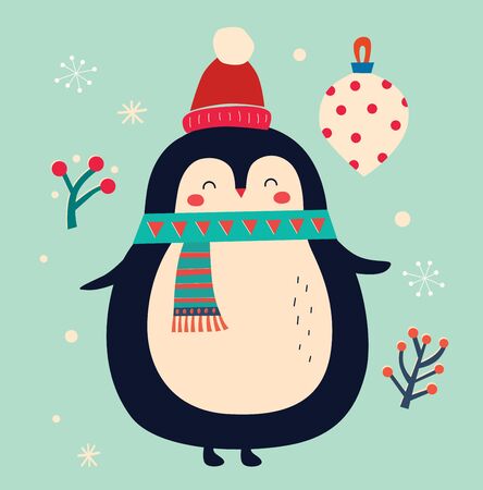 Vector Christmas cartoon illustration with cute penguinのイラスト素材