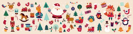 Big Christmas collection in vintage style with traditional Christmas and New Year elementsのイラスト素材