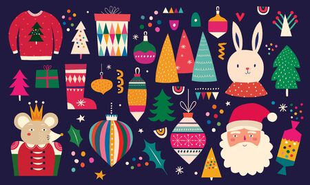 Christmas decorative huge collection with incredible Christmas elements. Christmas colorful decorative collection in vintage style with cute bunny, king mouse, funny Santa Clausのイラスト素材