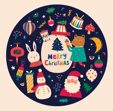 Christmas decorative illustration in vintage style with funny bear and snowmanのイラスト素材