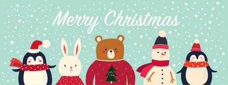 Vector Christmas banner with funny characters bear, snowman, penguin and bunnyのイラスト素材