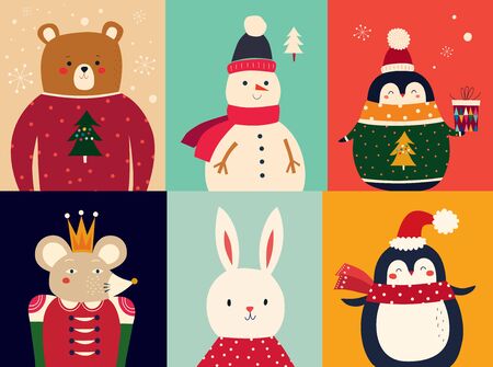 Vector Christmas banner with funny characters bear, snowman, penguin and bunny. Set of Christmas funny cardsのイラスト素材