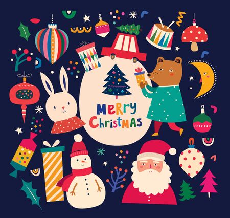 Christmas decorative illustration in vintage style with funny bear and snowmanのイラスト素材