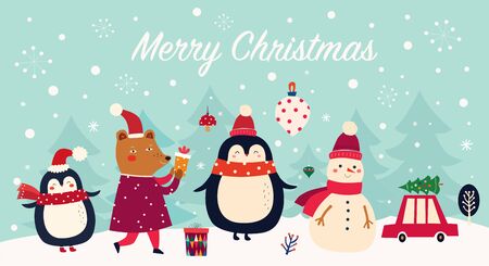 Vector Christmas banner with funny characters bear, snowman, penguin and bunnyのイラスト素材