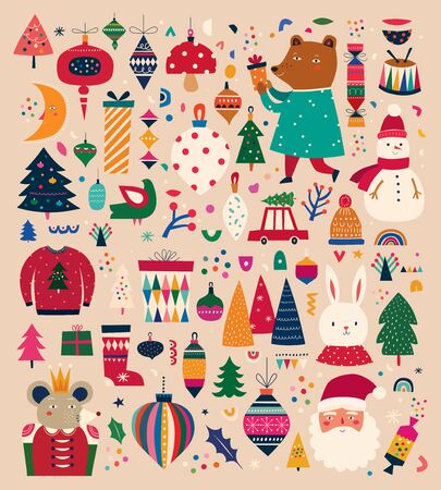 Christmas decorative collection with incredible characters in vintage styleのイラスト素材