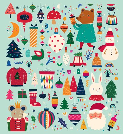 Christmas decorative collection with incredible characters in vintage styleのイラスト素材
