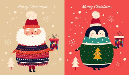 Vector Christmas cartoon illustration of cute penguins with sweater and Santa Clausのイラスト素材