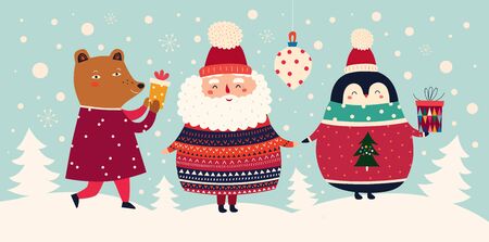 Vector Christmas cartoon illustration of cute Santa Claus in sweaterのイラスト素材