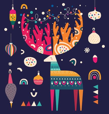 Incredible Christmas deer with decorative pattern and Christmas toysのイラスト素材