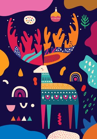 Incredible Christmas deer with decorative pattern and Christmas toysのイラスト素材