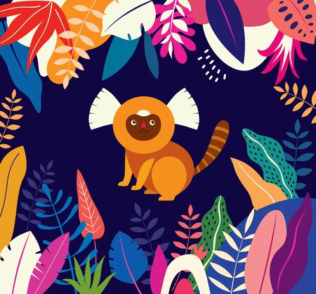 Vector colorful illustration with tropical flowers, leaves and monkey. Brazil tropical pattern.のイラスト素材