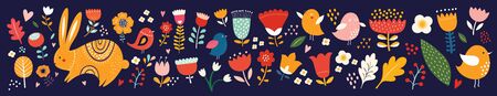 Big spring Easter collection of flowers, leaves, birds, bunny and spring symbolsのイラスト素材