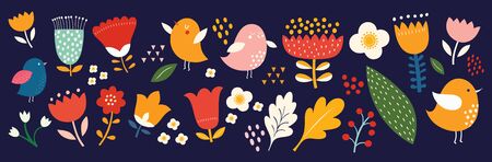 Big collection of flowers, leaves, birds, and spring symbolsのイラスト素材