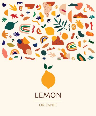 Decorative abstract design with colorful doodles, abstract geometric shapes and fruit lemon.のイラスト素材