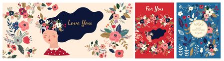 Valentines Day greetings illustration, posters, cards. Valentines day cards. Vector illustration of girl in love. Flyer, card, banner, brochureのイラスト素材