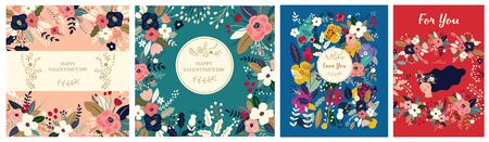 Floral collection of cards, invitations, posters. Valentines Day greetings. Set of Valentines day cards. Vector illustration of girl in love. Flyer, card, banner, brochureのイラスト素材