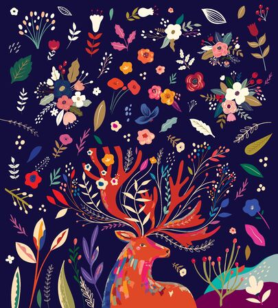 Beautiful spring creative art work illustration with flowers and deerのイラスト素材
