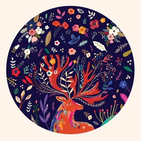 Beautiful spring creative art work illustration with flowers and deerのイラスト素材