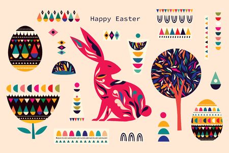 Colorful collection with hare, easter eggs and decorative elements.のイラスト素材