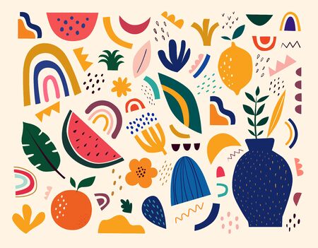 Cute spring pattern with fruits and abstract elements. Decorative abstract illustration with colorful doodles. Hand-drawn modern illustration with flowers, abstract elementsのイラスト素材
