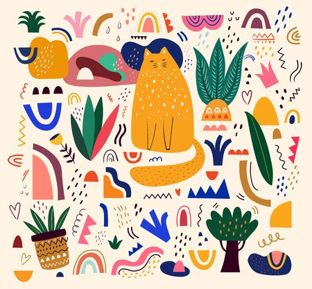 Cute spring pattern with cat. Decorative abstract illustration with colorful doodles. Hand-drawn modern illustration with cats, flowers, abstract elementsのイラスト素材