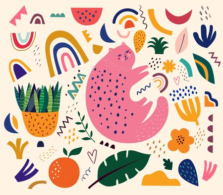 Cute spring pattern with cat. Decorative abstract illustration with colorful doodles. Hand-drawn modern illustration with cats, flowers, abstract elementsのイラスト素材