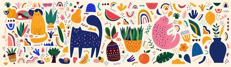 Doodles collection. Decorative abstract horizontal banner with colorful doodles. Hand-drawn modern illustration with cats, flowers, abstract elementsのイラスト素材