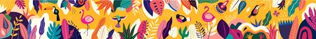 Animals big collection. Animals of Brazil. Vector colorful set of illustrations with tropical flowers, leaves, monkey, flamingo, and birds. Brazil tropical pattern. Rio de janeiro patternのイラスト素材