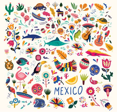 Mexican decorative vector pattern. Map of Mexico with traditional symbols and decorative elements. Mexican animalsのイラスト素材