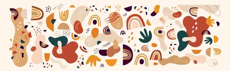 Decorative abstract horizontal banner with colorful doodles. Hand-drawn modern illustrationのイラスト素材