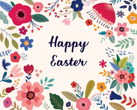 Easter greeting  with colorful spring flowers. Happy Easter template, invitationのイラスト素材