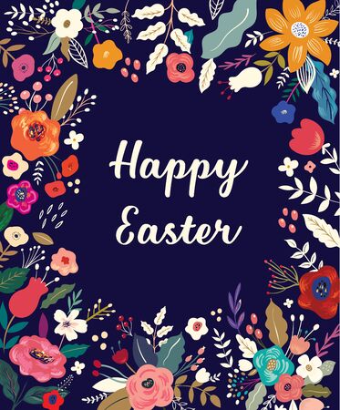 Easter greeting with colorful spring flowers. Happy Easter template, invitationのイラスト素材