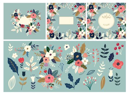Beautiful romantic flower collection with roses, leaves, floral bouquets, flower compositions. Floral invitations and cardsのイラスト素材