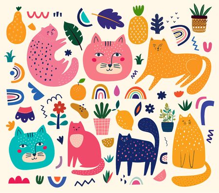 Cute spring collection with cats. Decorative abstract horizontal banner with colorful cats. Hand-drawn modern illustrations with cats and flowersのイラスト素材