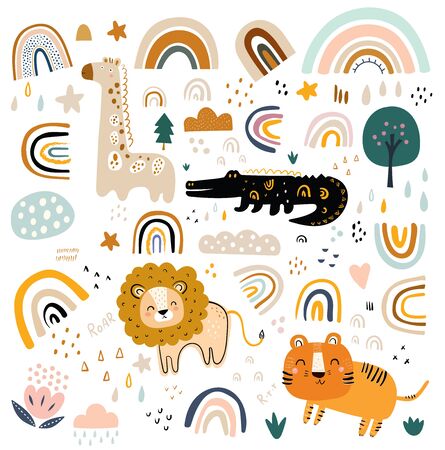 Abstract doodles with cute animals.のイラスト素材