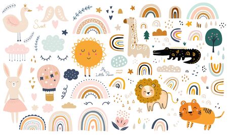 Abstract doodles with cute animals.のイラスト素材