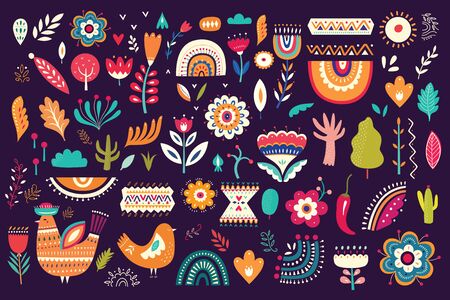 Mexican collection of plants, flowers, red pepper and birds.のイラスト素材