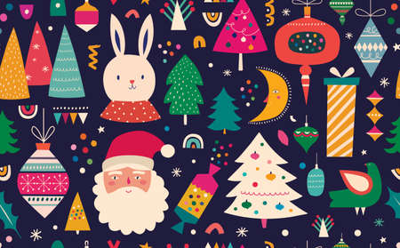 Vintage Christmas vector seamless pattern with Santa Claus, Christmas tree and Christmas toysのイラスト素材