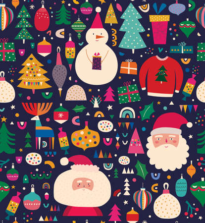 Vintage Christmas vector seamless pattern with Santa Claus, Christmas tree, Snowman and Christmas toysのイラスト素材