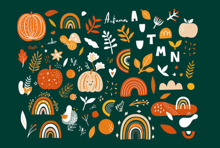 Vector collection with autumn symbols and elements. Autumn pumpkins and Rainbowsのイラスト素材