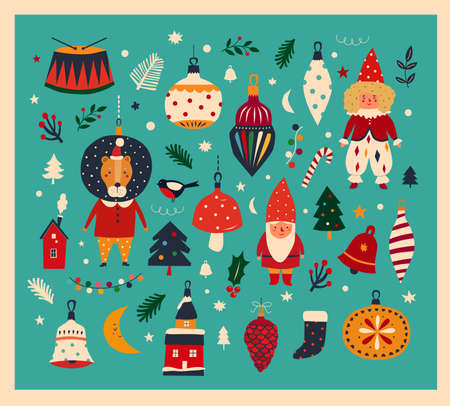 Christmas decorative banner with funny Santa Claus, vintage Christmas toys, Christmas tree and holiday elements. Christmas Greeting card. Christmas patternのイラスト素材