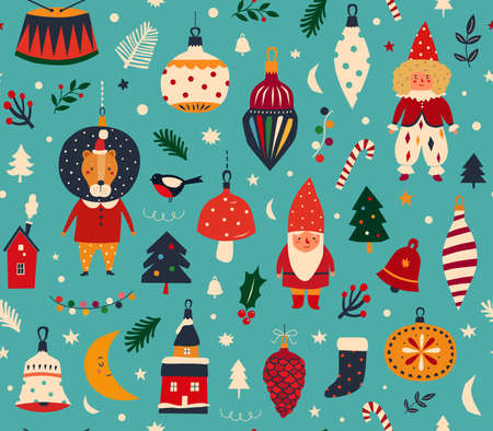 Christmas decorative seamless pattern with funny vintage Christmas toys, Christmas tree and holiday elements. Christmas patternのイラスト素材