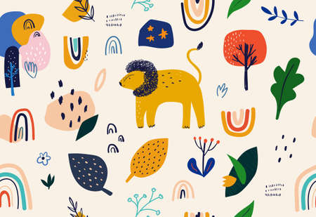 Cartoon childish Seamless pattern with lion and leavesのイラスト素材