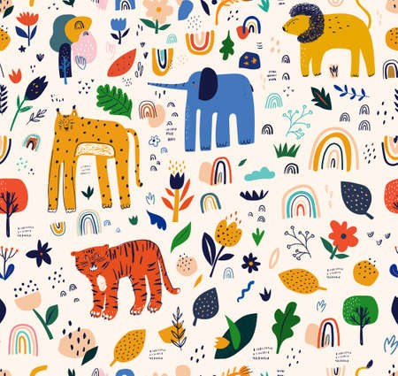 Childish cartoon seamless pattern with animal, flowers and leaves. Fabric pattern. Nursery baby pattern illustrationのイラスト素材
