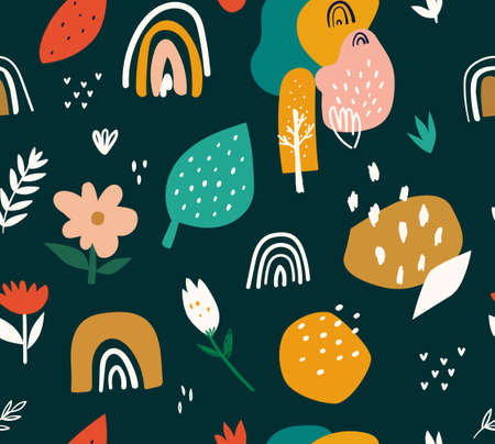 Decorative abstract blue seamless pattern with colorful doodlesのイラスト素材